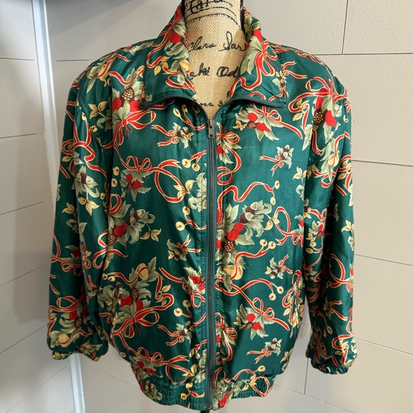 Vintage 100% Silk Christmas Novelty Print Bomber Full Zip Jacket - S - Oversized - Picture 1 of 11